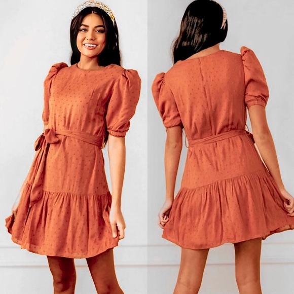 JessaKae Gable Swiss Dot Puff Sleeve Mini Dress in Gingerbread | XS - Picture 1 of 10